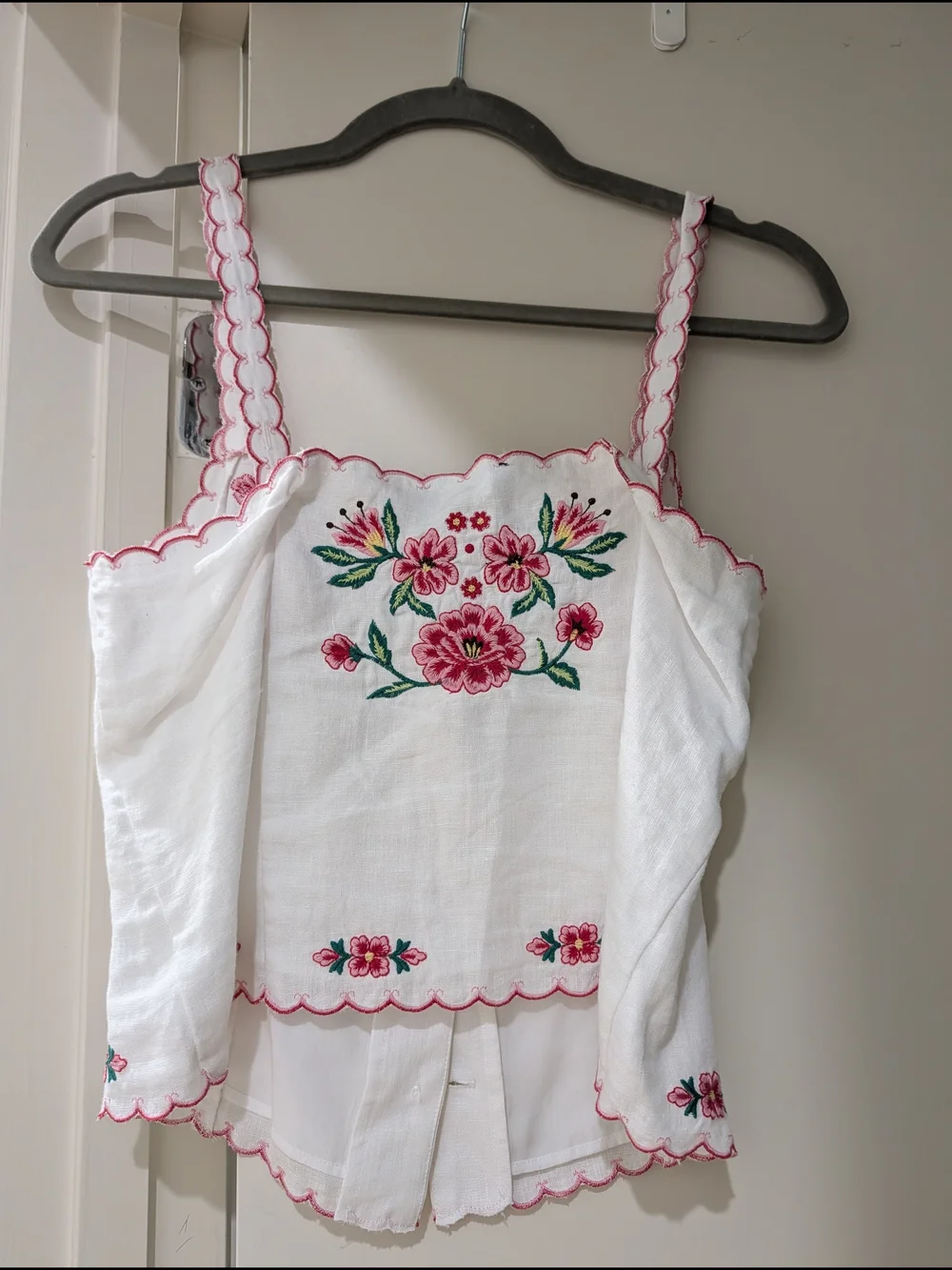 J.Crew Linen White Floral Embroidered Button-down with Pink And Green Accents